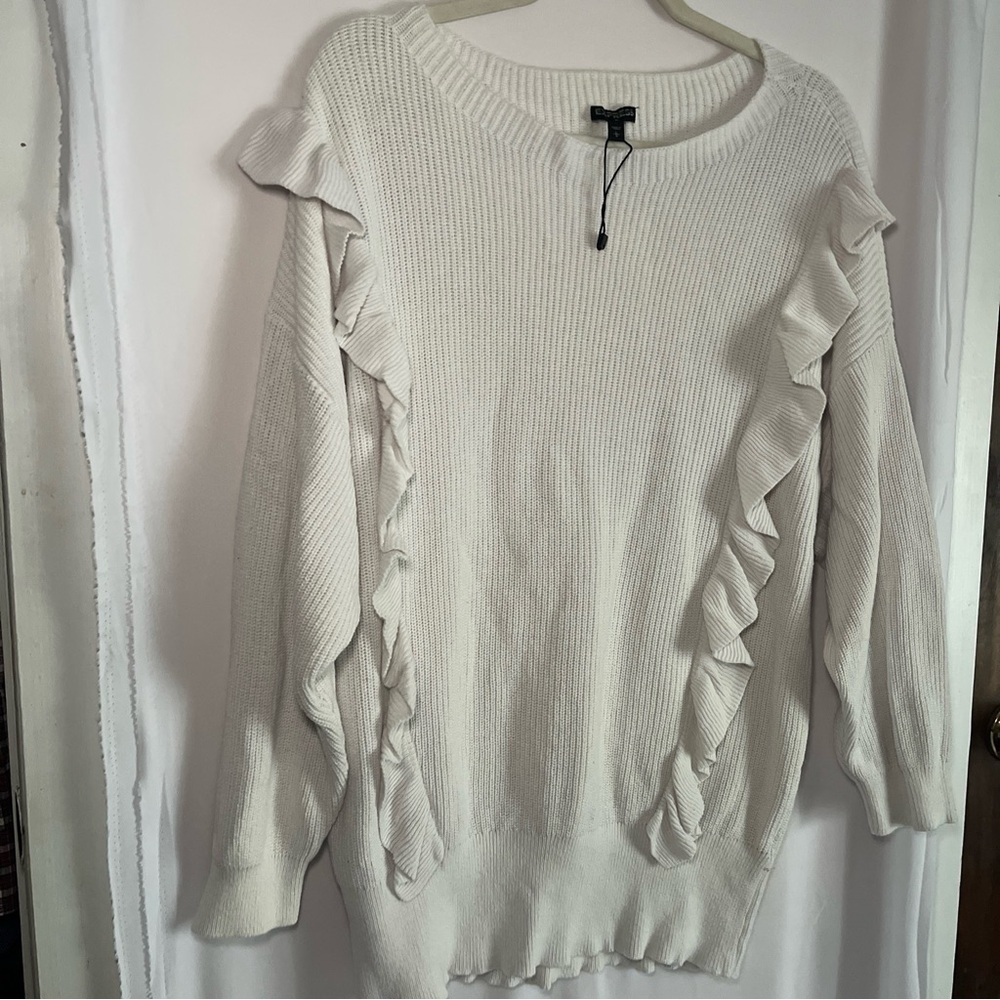 Express Women’s Sweater Sz L Rufffled Drop Sleeve White Cuffed 2018 Cotton - Picture 5 of 14